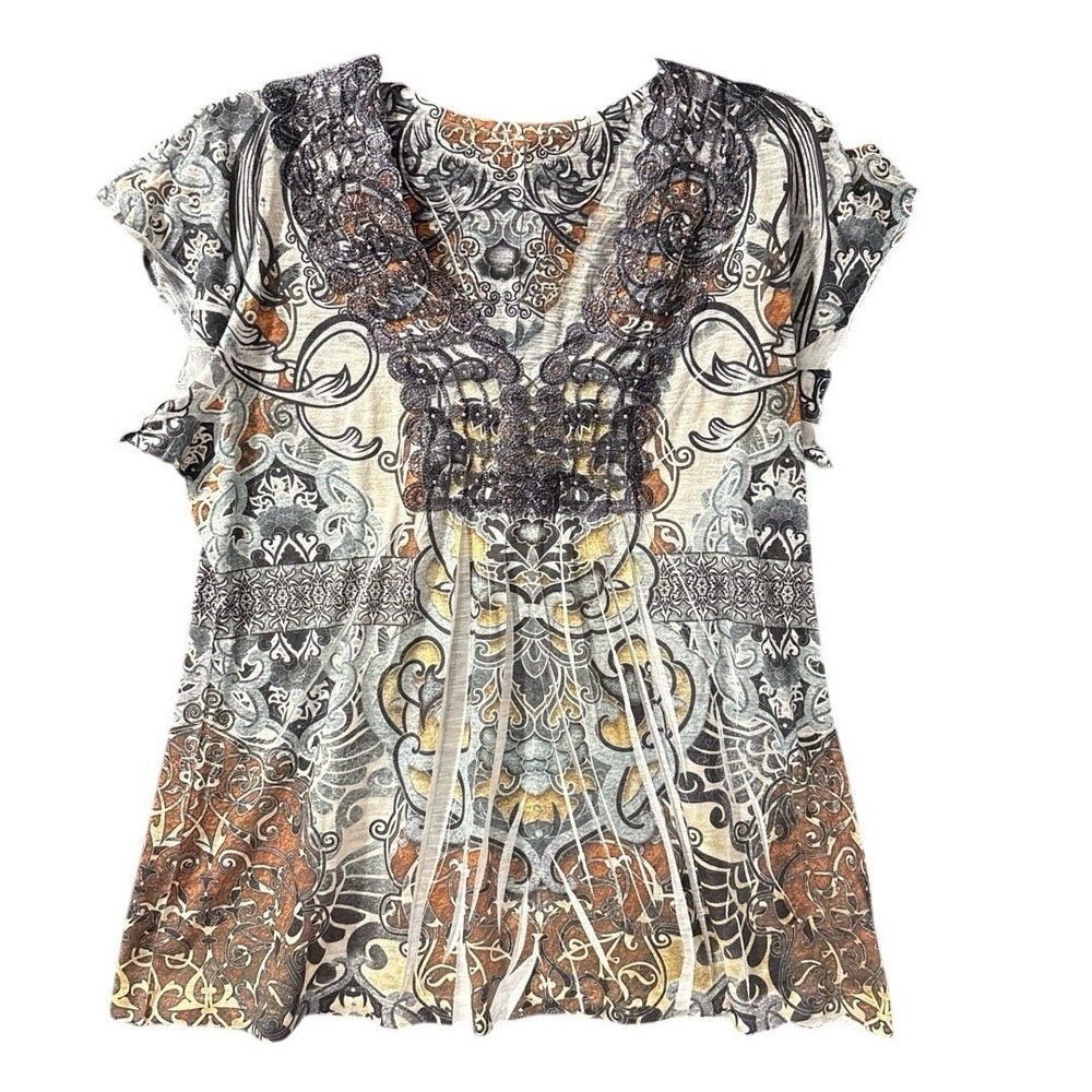 Boho Paisley Festival Top‎ Womens XL Retro Hippie Peasant Blouse V Neck